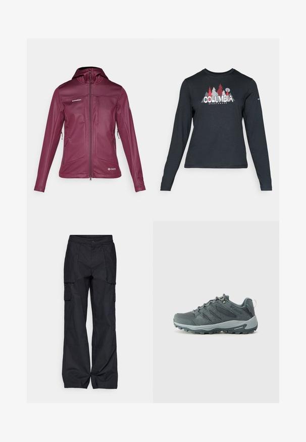 Moteriška bordo spalvos švelniųjų audinių striukė su kapišonu, pilnu užtrauktuku, užtrauktukais uždaromomis šoninėmis kišenėmis bei Mammut ir Windstopper logotipais.; Ilga rankovė tamsiai pilka marškinėliai su raudonų medžių ir kalnų grafika; drąsaus baltos spalvos teksto "COLUMBIA" logotipas. Minkšta medžiaga, standartinis apvalus kaklas.; Columbia BREA FALLS™ COTTON RIPSTOP PANT - Lauko kelnės - black; Tamsiai pilki žygio batai su tinklinėmis ir zomšinėmis viršutinėmis dalimis, su raišteliais, paminkštintu padu ir tvirtu padu su įpjovų raštu.