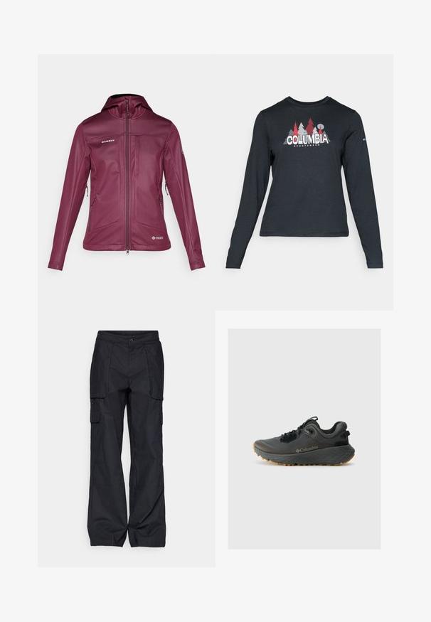 Naiste kastanipunane pehme väljakot, kapuutsiga, täispikkuslukk, tõmblukuga küljetaskud ning Mammut ja Windstopper logod.; Pikend varrukatega tumehall särk, millel on punaste puude ja mägede graafika; "COLUMBIA" logo julge valge tekstiga. Pehme kangas, tavaline ümmargune kaelus.; Columbia BREA FALLS™ COTTON RIPSTOP PANT - Õuepüksid - black; Columbia TERRASTRIDE CRZ - Matkajalatsid - shark/black