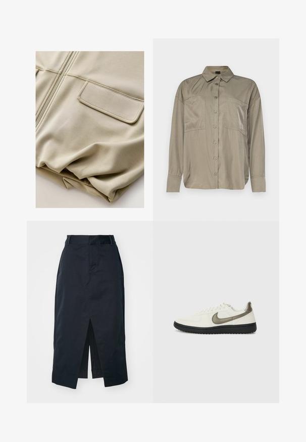 Beesinine tõmblukuga jakk, millel on sile tekstuur, kaks eesmist taskut ja peened õmbluse detailid, omades vabamat lõiget ja kergest materjalist.; Olive roheline, pikad varrukad särk sujuvast, kerge kangast. Omab nööpide ette, teravat kraed ja kahte rinna taskut.; Tumedast meresinine midi-seelik, mis on valmistatud puuvilla segust, sisaldab ees olevat lõhet, varjatud lukku ja külgtaskuid funktsionaalsuse jaoks.; Nike Sportswear FIELD GENERAL - Tossud - off-white/black
