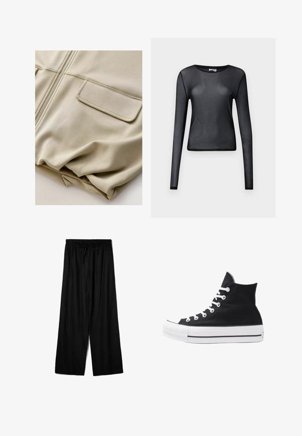 Veste zippée beige au toucher lisse, avec deux poches avant et des détails de couture discrets, offrant une coupe décontractée et un matériau léger.; Haut à manches longues noir en matériau transparent, présentant un col rond et une coupe slim, avec des ourlets finement bordés.; Pantalons larges noirs en tissu léger, dotés d'une taille élastique avec un cordon de serrage pour un ajustement réglable. Texture lisse.; Baskets montantes noires en toile avec œillets, lacets et semelle en caoutchouc blancs. Présentent un orteil texturé et des accents rayés noir et blanc.