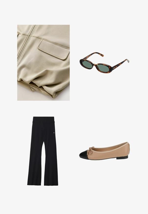 Veste zippée beige au toucher lisse, avec deux poches avant et des détails de couture discrets, offrant une coupe décontractée et un matériau léger.; Haut à manches longues et col rond de couleur crème, fabriqué en tissu doux. Présente une coupe droite et un design minimaliste sans embellissements.; Pantalons de yoga évasés noirs en tissu extensible, avec une large ceinture et un petit logo près de la hanche. Texture lisse, sans motifs.; Ballerines en cuir beige avec un bout noir. Présentent un détail de nœud à l'avant et une texture lisse. Design à profil bas avec une semelle en caoutchouc.; Lunettes de soleil en écaille de tortue avec des montures ovales et des verres verts. Elles présentent des branches fines avec un accent métallique près des charnières.; Sac à main plissé jaune en simili cuir lisse, arborant une forme douce avec une bandoulière unique et un design froncé sur le dessus.