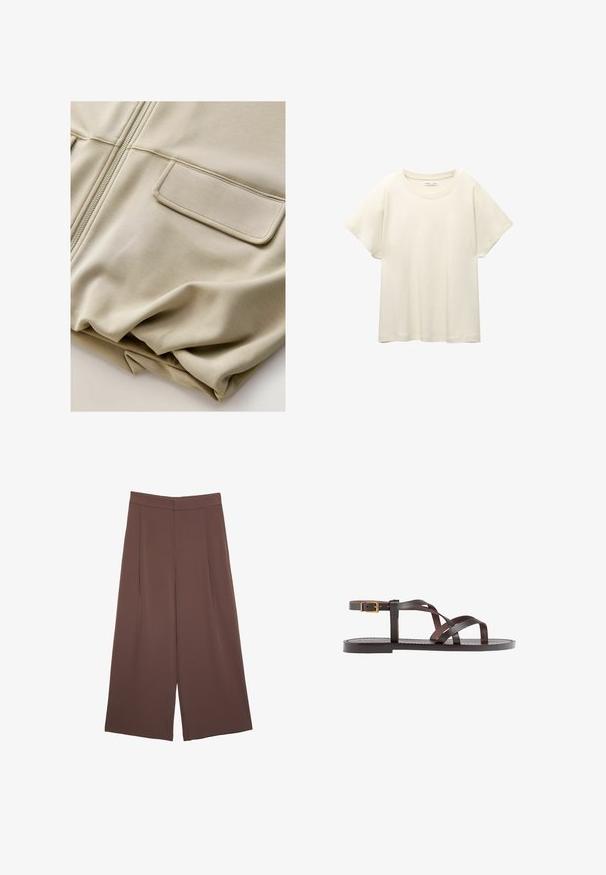 Veste zippée beige au toucher lisse, avec deux poches avant et des détails de couture discrets, offrant une coupe décontractée et un matériau léger.; T-shirt beige clair à manches courtes avec un col rond, fabriqué en tissu doux et lisse. Présente une coupe décontractée et un ourlet droit.; Pantalons larges marron avec une texture lisse, dotés d'une taille haute et de plis à l'avant. Le tissu est léger et tombe de manière fluide.; Sandale en cuir marron avec des brides entrecroisées, une fermeture à boucle à la cheville et une semelle plate avec des détails de couture minimaux.
