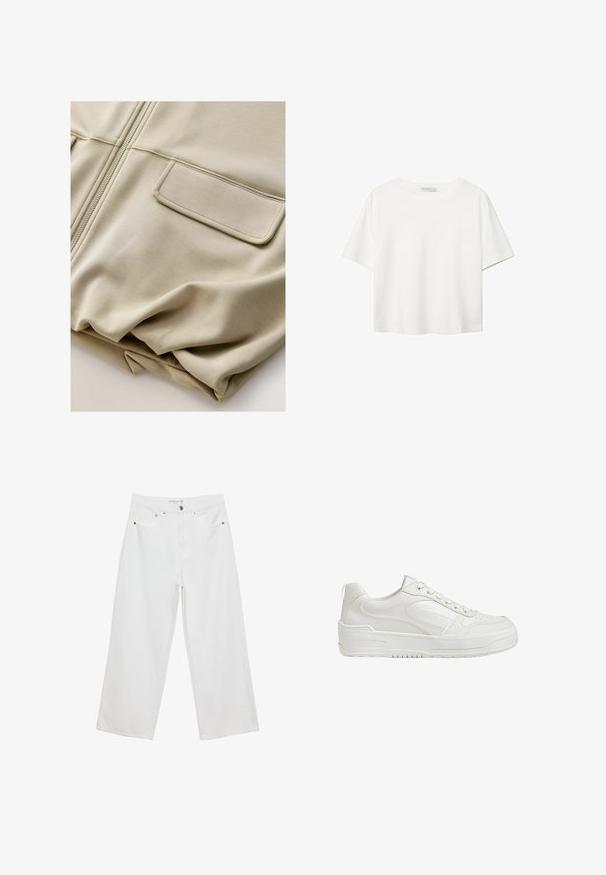 Beige zip-up jacka med en slät textur, två framfickor och subtila sömnadsdetaljer, med en avslappnad passform och lätt material.; Vit t-shirt med kort ärm i bomull. Har en rundad halsringning och en avslappnad passform. Slät textur utan synliga mönster eller detaljer.; Vita vida jeans i denim med hög midja, med fem fickor och metalldetaljer. Slät textur, inga synliga mönster.; Vita lädersneakers med slät yta, vadderad ankel och perforerad tå. Har en något upphöjd gummisula och snörningsdesign.