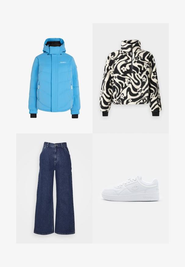 Lichtblauwe pufferjack met hoge kraag en capuchon. Beschikt over ritszakken, elastische manchetten en een gladde, gewatteerde textuur.; Zwart-wit fleece pullover met een hoge kraag, voorzien van een draaiend bloemenpatroon en geribbelde manchetten. Met een rits aan de voorkant.; Brede denim jeans in donkerblauw, met een hoge taille, zijzakken en een ritssluiting met een metalen knop. Gladde textuur en klassiek ontwerp.; Witte sneaker van glad synthetisch materiaal, met ronde neus, platte zool en subtiele logo-accenten aan de zijkanten. Klassiek laag ontwerp.