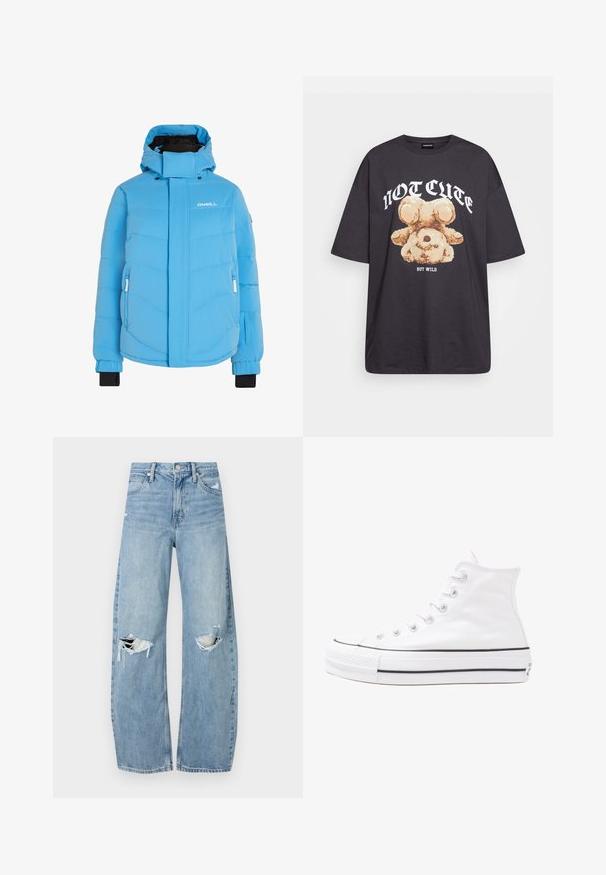 Lyseblå pufferjakke med høy krage og hette. Har glidelås lommer, elastiske ermer og en glatt, quiltet struktur.; Svart oversized t-skjorte med en grafikk av en bjørn og teksten "IKKE SØT, MEN VILL" i fet, hvit skrift. Laget av bomull.; Lyseblå høytlivsjeans laget av denim. Har vide bein, to revne knær og klassisk fem-lommers design.; Hvit høy-skinn kanvas sneakers med svart gummisåle, gummitåhette foran og seks hull for snorer, med et rent, minimalistisk design.