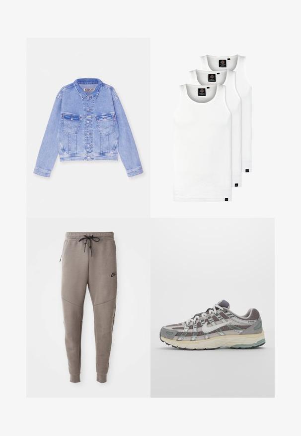 Šviesiai mėlynas džinsinis švarkas su sutrumpintu dizainu, kniedžių uždarymu, dviem krūtinės kišenėmis ir siuvinėjimo detalėmis. Klasikinis apykaklė ir ilgomis rankovėmis.; Trys balti, dryžuoti marškiniai be rankovių, pagaminti iš medvilnės. Yra apvalus kaklas ir maži juodi etiketės netoli siūlės. Siūlomi įvairių dydžių.; Pilkos Nike kelnės su raišteliu liemenyje, siaurėjančiomis kojomis, šoninėmis kišenėmis ir išskirtiniais siūlų detalėmis. Minkšta, tekstūruota medžiaga.; Pilkas sportinis batas su tinklu ir zomšos viršutine dalimi, baltomis detalėmis, paminkštintu padu ir išskirtiniu dizainu su atspindinčiais elementais.