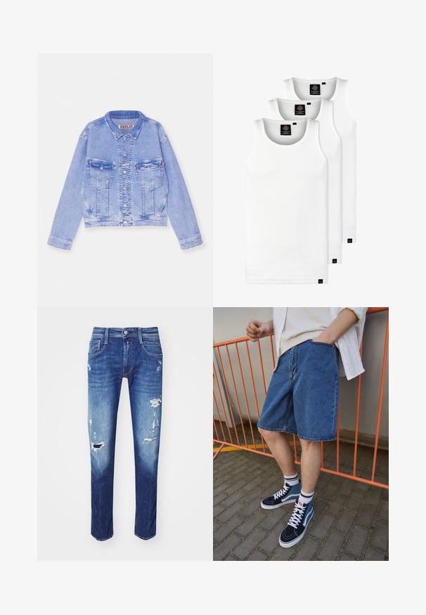 Világoskék farmerdzseki, rövidített fazonnal, gombzárral, két mellzsebbel és varrott részletekkel. Klasszikus gallérral és hosszú ujjakkal.; Három fehér csíkos pamut trikó. Felső része kerek nyakkivágású, és a szegély közelében kis fekete címkék találhatók. Több méretben elérhető.; Sötétkék farmernadrág, kiborgott részletekkel, öt zsebes kialakítással és finom kopásokkal. Egyenes szárú, letisztult szegéssel.; Kék farmer rövidnadrág, térd hosszúságú, elülső zsebbel. Tengerészkék és kék magasszárú sportcipővel párosítva, fehér fűzőkkel és csíkos zoknikkal.