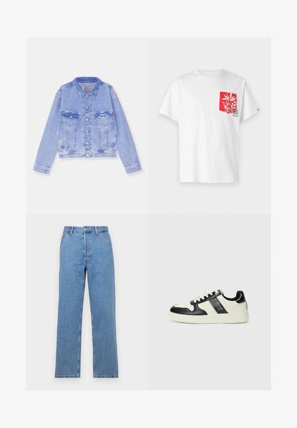 Világoskék farmerdzseki, rövidített fazonnal, gombzárral, két mellzsebbel és varrott részletekkel. Klasszikus gallérral és hosszú ujjakkal.; Fehér pamut póló piros zsebbel, virágmintával és felirattal. Rövid ujjú, kerek nyakú és laza szabású.; Világoskék farmer egyenes szárú nadrág klasszikus öt zsebes kialakítással, elülső gombos záródással és övhurkokkal. Simaság jellemzi.; Fekete és krém színű bőrsneaker, perforált díszítésekkel, párnázott bokapánttal és texturált talppal.