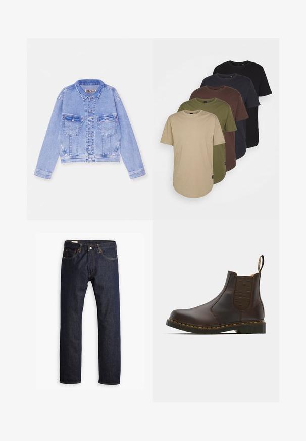 Világoskék farmerdzseki, rövidített fazonnal, gombzárral, két mellzsebbel és varrott részletekkel. Klasszikus gallérral és hosszú ujjakkal.; Öt, színátmenetes kialakítású póló: bézs, olíva, barna, sötétkék és fekete. Puha pamutból készült, rövid ujjú és kerek nyakkivágású.; Sötét kék farmernadrág, egyenes szárú dizájnnal, narancssárga varrással és öt zsebes stílussal, fém gombos záródással.; Barna bőr Chelsea csizma elasztikus oldalsó panelekekkel, texturált sarokkal és kontrasztos sárga varrással. Könnyű felhúzást segítő fülekkel rendelkezik.