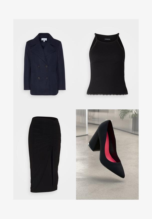 Mornarski dvostruki kaput od vune s velikim izrezanim reverima, dva prednja džepa i crnim dugmadi. Glatka tekstura, strukturiran kroj.; Crna ženska majica bez rukava s rebrastim uzorkom i čipkastim obrubom na donjem dijelu. Ima tanke naramenice i prilagođen dizajn. Izrađena od rastezljivog materijala.; Crna, nabrana suknja olovka s detaljem vezanja i bočnim prorezom. Izrađena od rastezljivog materijala, s glatkom teksturom i prilagođenim dizajnom.; Crna visoka potpetica s oštrim vrhom, teksturiranom površinom i živopisnom ružičastom unutrašnjošću. Ima masivnu potpeticu s srebrnim detaljem.