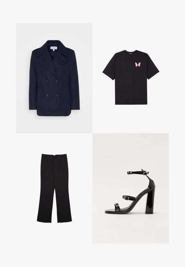 Námořnický vlněný dvouřadý kabát s velkými klopami, dvěma předními kapsami a černými knoflíky. Hladká textura, strukturovaný střih.; Černé bavlněné tričko s krátkým rukávem, na levém prsou s malou grafikou růžové motýlky. Design s kruhovým výstřihem a volným střihem.; Černé kalhoty s rovným střihem, s předními kapsami a bočními rozparky na lemu. Vyrobené z jemné, hladké tkaniny. Vhodné na různé příležitosti.; Černé lakované sandály na podpatku se čtveratou špičkou, lýtkovými pásky a stříbrnými přezkami. Disponují masivním blokovým podpatkem pro stabilitu.
