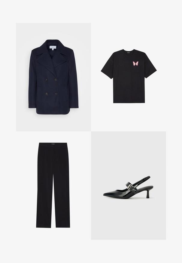 Granatowy wełniany płaszcz dwurzędowy z dużymi wykładanymi klapami, dwiema przednimi kieszeniami i czarnymi guzikami. Gładka tekstura, dopasowany krój.; Czarny bawełniany t-shirt z krótkim rękawem, z małym różowym motylkiem na lewej piersi. Klasyczny dekolt z luźnym fasonem.; Czarne spodnie z korduroju o prostym kroju, z płaskim pasem i bez widocznych kieszeni, gładką teksturą oraz pionowymi wypustkami.; Czarne lakierowane szpilki slingback z wąskim noskiem i małym słupkiem, z ozdobnym srebrnym klamrą na pasku.