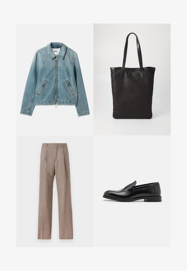 Vaaleansininen farkkutakki, jossa on vetoketjukiinnitys edessä, terävä kaulus ja kaksi vetoketjullista taskua. Ominaisuuksiin kuuluvat ommellut yksityiskohdat ja lyhyt malli.; Valkoinen nappikauluspaita, jossa on hienovaraiset pystysuorat raidat, pitkät hihat, rintatasku ja klassinen pyöristetty helma.; Ruskejat, korkeavyötäröiset housut, jotka on valmistettu teksturoidusta kankaasta. Ominaisuuksina ovat leveät lahkeet ja kaksi etupuolelle ommeltua laskosta rakenteen tukemiseksi. Siisti viimeistely ilman näkyvää metalliosaa.; Mustat nahkakengät, joissa on sileä pinta, pyöreä kärki ja koristeellinen nauha jalkapöydän yli. Matala pinoitu koroke, minimalistinen muotoilu.; Mustat kangaskassit mustilla nahkahandleilla. Yksinkertainen muotoilu, tilava runko ja sileä pinta. Ei näkyviä logoja tai kuvioita.