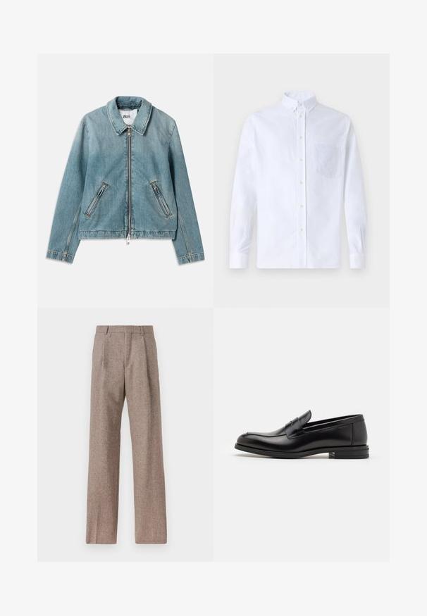 Svijetloplavi traper jakna s patentnim zatvaračem sprijeda, šiljastim ovratnikom i dva džepa s patentnim zatvaračem. Sadrži šivane aksente i skraćeni dizajn.; Bijela košulja s dugim rukavima na dugme, izrađena od pamuka, s džepom na prsima s ton-sur-ton vezom, ovratnikom i dugmadi na manžetama.; Smeđe, hlače viskog struka od teksturiranog materijala. Imaju široke nogavice i dva prednja pregiba za strukturu. Uređen završetak bez vidljivih metalnih dijelova.; Crni kožni mokasini s glatkom teksturom, zaobljenim prstima i ukrasnom trakom preko prednjeg dijela. Niski slojeviti potplat, minimalistički dizajn.