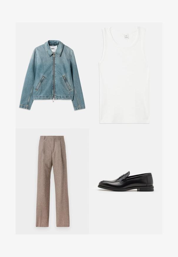 Világoskék farmerdzseki, cipzáros előlappal, hegyes gallérral és két cipzáras zsebbel. Öltözködött részletekkel és rövidített fazonnal rendelkezik.; Fehér pamut trikó kerek nyakkivágással és ujjatlan kialakítással. Simaság jellemzi, egyenes vonalvezetésű, minta vagy díszítés nélkül.; Barna, magas derekú nadrág texturált anyagból. Széles szárai és két elülső redője biztosítja a struktúrát. Ízléses kivitel, látható fémszerelés nélkül.; Fekete bőr loaferek sima textúrával, kerek orral és dekoratív pánttal a vampnál. Alacsony, rétegelt sarkú, minimalista dizájn.