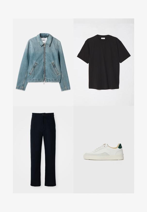 Light blue denim jacket with a zip front, pointed collar, and two zippered pockets. Features stitched accents and a cropped design.; Black cotton t-shirt with a crew neck, short sleeves, and a relaxed fit. Simple design, smooth texture, and no visible patterns or logos.; Navy blue trousers made of cotton, featuring a straight-leg design, a front button closure, and classic waistband with belt loops.; White sneaker with suede accents, rounded toe, flat laces, and a cream rubber sole. Features green branding on the heel.