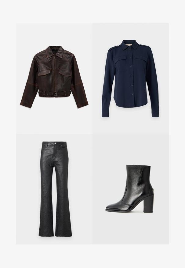 Tamsiai rudos odos striukė su priekiniais užtrauktukais, dviem krūtinės kišenėmis su sklendėmis, ilgomis rankovėmis ir reguliuojamu sagtimi diržu juosmenyje.; Tamsiai mėlynas mygtukinis marškinis, pagamintas iš minkštos medžiagos. Yra dvi krūtinės kišenės, pečių epauletai ir ilgomis rankovėmis su mygtukais.; Juodos odinės platėjančios kelnės su subraižyta tekstūra, aukšta juosmens linija, priekinių kišenių ir klasikine mygtukų uždarymo sistema su užtrauktuku.; Juodas odinis kulkšninis batas su lygiu paviršiumi, smailiu pirštu ir masyviu aukštu kulnu. Savybė - šoninis atidarymas ir minimalistiškas dizainas.