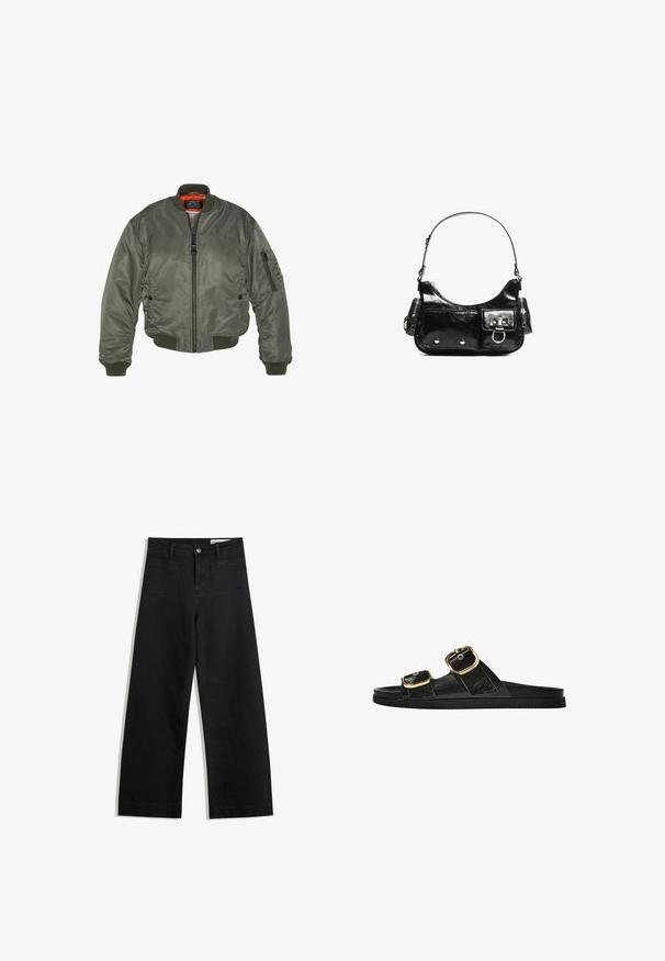 Bomberka w kolorze oliwkowym, wykonana z nylonu, z prążkowanym kołnierzem i mankietami, zamek błyskawiczny, kieszenie z przodu oraz intensywna pomarańczowa podszewka.; Oliwkowy dzianinowy sweter z okrągłym dekoltem, długimi rękawami i ribbowym wykończeniem. Charakteryzuje się skróconym fasonem i miękkim, teksturowanym wykończeniem.; Czarne dżinsowe spodnie o szerokich nogawkach i wysokim stanie, z przednimi i tylnymi kieszeniami, przeszyciami oraz zapięciem na guziki. Gładka struktura.; Czarne klapki z dwoma złotymi klamrami, gładki materiał, płaska podeszwa i minimalistyczny design.; Czarna torebka z lakierowanej skóry o zaokrąglonym kształcie, z jednym paskiem na ramię, przednimi kieszeniami i akcentami w kolorze srebrnym.