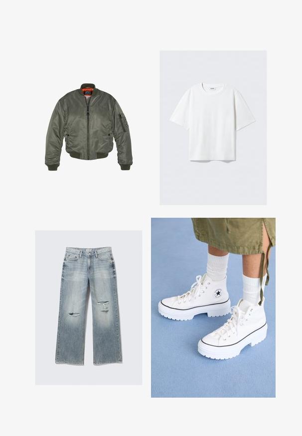 Olivgrüne Bomberjacke aus Nylonmaterial, mit geripptem Kragen und Bündchen, Reißverschluss, Fronttaschen und einem auffälligen orangen Futter.; Weißes T-Shirt mit kurzen Ärmeln aus weichem Baumwollstoff, mit einem runden Ausschnitt und lässigem Schnitt mit geradem Saum, schlicht ohne Muster oder Grafiken.; Hellblaue, weit geschnittene Jeans aus Denim mit lässigen Details, fransigen Kanten und einem ausgewaschenen Finish. Verfügt über vordere Taschen und einen klassischen Taillenbund.; Weiße High-Top-Sneaker mit einem strukturierten Canvas-Obermaterial, Gummikappen an den Zehen und einer dicken weißen Plattformsohle. Mit schwarzen Akzenten und Ösen ausgestattet.