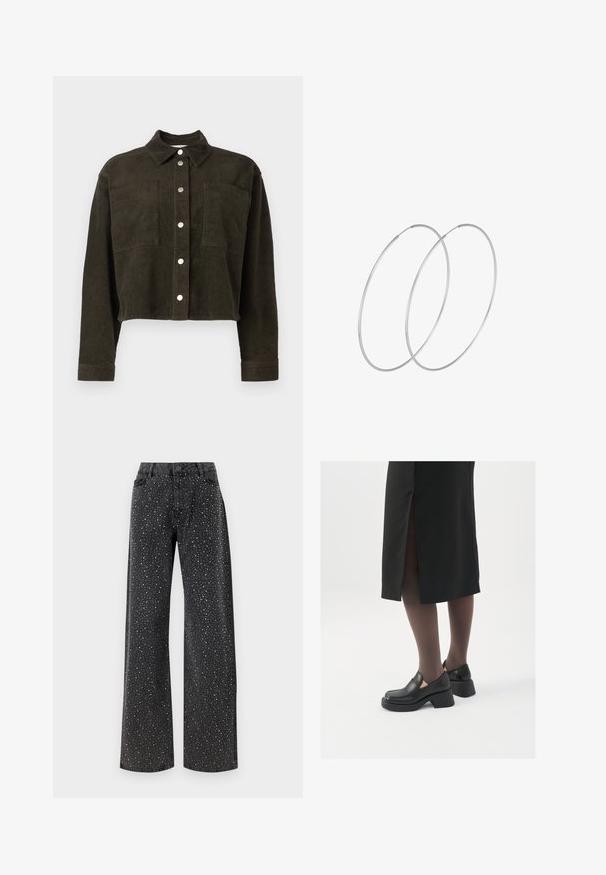 Kortsak i mörkgrön kordflod, med spetsig krage, framknäppning och två bröstfickor. Mjuk textur, långa ärmar.; VILA VIPEARL O NECK - Stickad tröja - black; Noisy May NMJANNEL LOOSE - Jeans relaxed fit - black denim; Svarta läderskor med rund tå, tjock klack utan häl och elastiska sidodetaljer, kombinerat med mörka strumpbyxor och en svart kjol med slits.; Silverfärgade hoopörhängen med en minimalistisk design. Cirkulär form, slät yta och tunn profil. Lätta med en polerad finish.