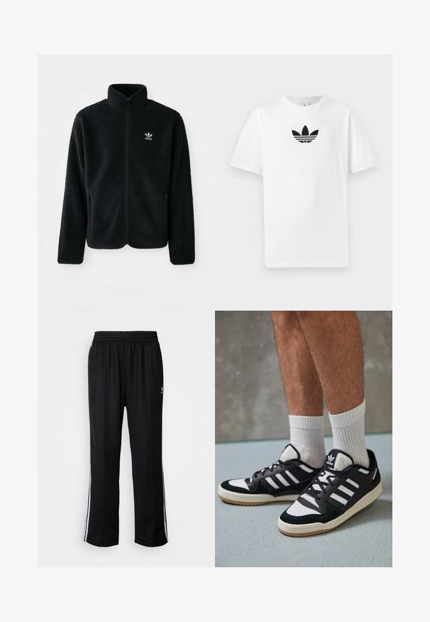 Czarna polarowa kurtka z wysokim kołnierzem, zamek z przodu i kieszeniami z przodu. Posiada teksturowany materiał i małe białe logo na lewej piersi.; Biała bawełniana koszulka z krótkim rękawem, z czarnym logo Adidas na środku. Klasyczny fason z okrągłym dekoltem. Gładka tekstura.; Czarne sportowe spodnie z elastycznym paskiem w talii, z białymi paskami po bokach i małym logo. Materiał wydaje się miękki i lekki.; Czarno-białe sneakersy z zamszową i skórzaną cholewką, z trzema białymi paskami, perforowanym czubkiem i gumową podeszwą w kolorze gumy.