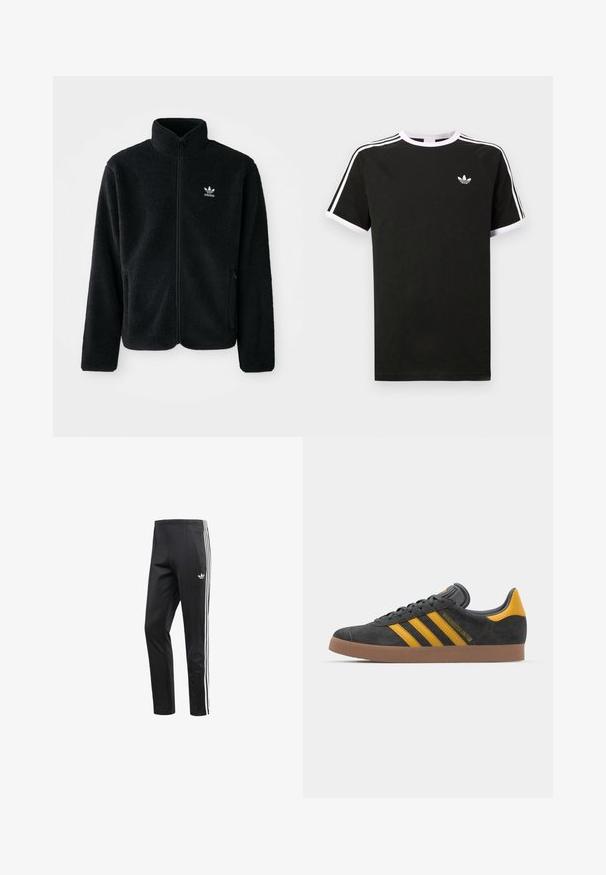 Svart fleecejakke med høy krage, glidelås foran og frontlommer. Har strukturert stoff og liten hvit logo på venstre bryst.; Svart t-skjorte laget av bomull med hvite detaljer. Har korte ermer, raglan-design og en liten logo på brystet. Tre hvite striper på skuldrene.; Svarte treningbukser med hvit tre-stripes aksent på sidene, elastisk midjebånd og en liten logo nær hoften. Glatt stofftekstur.; Sort skinnesko i svart semsket skinn med gule detaljer, med tre striper og en brun gummisåle. Inkluderer en polstret tunge for komfort.
