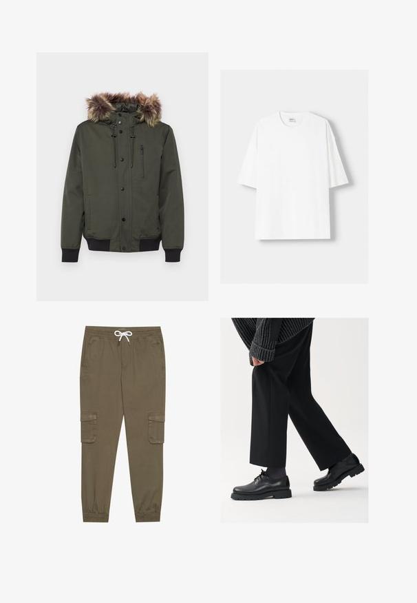 Giacca verde oliva con cappuccio in pelliccia sintetica, tasca sul petto con zip e polsini e orlo a costine. Tessuto liscio, design isolato.; T-shirt bianco a maniche corte realizzato in cotone, con scollatura rotonda e vestibilità rilassata. Texture liscia, senza motivi o dettagli visibili.; Pantaloni cargo khaki con elastico in vita e cordino, dotati di tasche laterali e caviglie cuffiate. Realizzati in un materiale leggero e testurizzato.; Scarpe in pelle nera con punta arrotondata, design con lacci e suola spessa e texture. Indossate con pantaloni neri su misura e un maglione a coste.