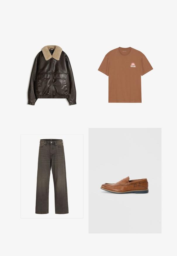 Brązowa skórzana kurtka z beżowym kołnierzem z owczej wełny, z zapięciem na zamek, dwoma dużymi przednimi kieszeniami oraz elastycznymi mankietami i dołem.; Brązowa koszulka z krótkim rękawem wykonana z bawełny, z różową grafiką słońca i napisem "SOLAR" na lewej piersi. Design z okrągłym dekoltem.; Szerokie dżinsy w ciemnoszarym denimu, z wysokim stanem, klasycznym pięciopocketowym wzorem i kontrastowym przeszyciem wzdłuż szwów.; Brązowe skórzane mokasyny z okrągłym noskiem, przeszyciami i niską gumową podeszwą. Projekt posiada pasek na górnej części.