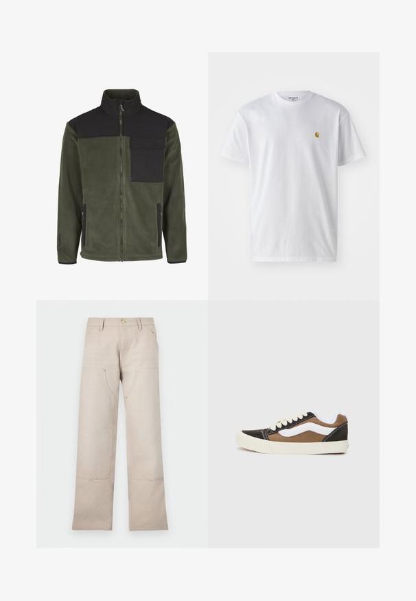 Fleecejacke in Dunkelgrün mit schwarzem oberen Abschnitt, hohem Kragen, durchgehendem Reißverschluss, seitlichen Taschen und einem Logo auf dem linken Ärmel.; Weißes Baumwoll-T-Shirt mit kurzen Ärmeln, Rundhalsausschnitt, mit einem kleinen goldenen Logo im linken Brustbereich. Weicher Stoff und normale Passform.; Beige Baumwollhosen mit einem geraden Bein-Design, ausgestattet mit zwei Vordertaschen und zwei Reißverschluss-Akzenten. Goldfarbene Hardware setzt Akzente.; Schwarze und braune Sneakers mit weißen Akzenten, aus Canvas-Material, im Low-Top-Design, runder Zehenbereich und beiger Gummisohle. Mit kontrastierenden Nähten.