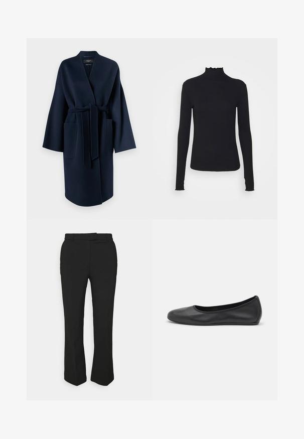 WEEKEND MaxMara ERIS - Klasszikus kabát - blu; Fekete, hosszú ujjú, garbós felső sima anyagból, fodros gallérral és illeszkedő sziluettel, egyszerű élekkel.; Fekete, szabott nadrág egyenes szárú kialakítással, övhurkokkal és oldalsó zsebekkel. Simább anyagból készült, tiszta kivitelben.; Fekete bőr balettcipő lekerekített orral, sima tekstúrával, minimális varrással és rugalmas talp kialakítással.