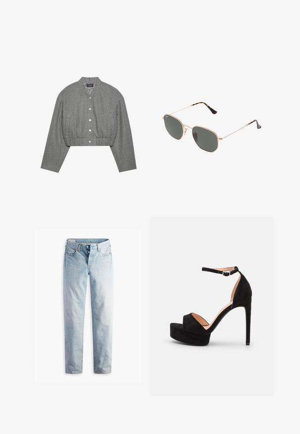 Przycięta szara kurtka z okrągłym kołnierzem, zapięciem na zatrzaski z przodu i elastycznym pasem. Posiada dwie boczne kieszenie oraz teksturowany materiał.; Szary sweter z okrągłym dekoltem, długimi rękawami i ściągaczami przy mankietach. Materiał wydaje się miękki, o lekkiej teksturze i lekko luźnym kroju.; Jasnoniebieskie dżinsy o prostym kroju nogawki, z dwiema kieszeniami z przodu i dwiema z tyłu. Posiadają zapięcie na dwa guziki i subtelne przeszycia.; Czarne zamszowe sandały na wysokim obcasie z platformą, pasek na kostkę z srebrnymi akcentami, otwarty czubek i gładka faktura.; Złote okulary przeciwsłoneczne w stylu aviatora z ciemnozielonymi soczewkami, z wąskimi ramionami i akcentami w panterkę na końcach.; Brązowa torebka na ramię z zamszu o zaokrąglonym kształcie, kontrastowym przeszyciem, złotymi akcentami metalowymi oraz zapinaną na zamek kieszenią z przodu.