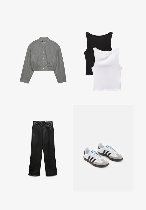 Zkrácená šedá bunda s kulatým límcem, zapínáním na patentky vpředu a elastickým pasem. Obsahuje dvě boční kapsy a texturovanou tkaninu.; Dvě bezrukávové topy v černé a bílé barvě, vyrobené z bavlny. Mají kulaté výstřihy a přiléhavý střih s hladkou texturou.; Černé široké kalhoty z umělé kůže s předními kapsami, poutky na pásek a jemným leskem. Hladká textura a střih na míru.; Sportovní boty s bílým koženým svrškem, šedou semišovou špičkou a třemi černými pruhy. Obsahují modré logo na jazyku a texturovanou gumovou podrážku.