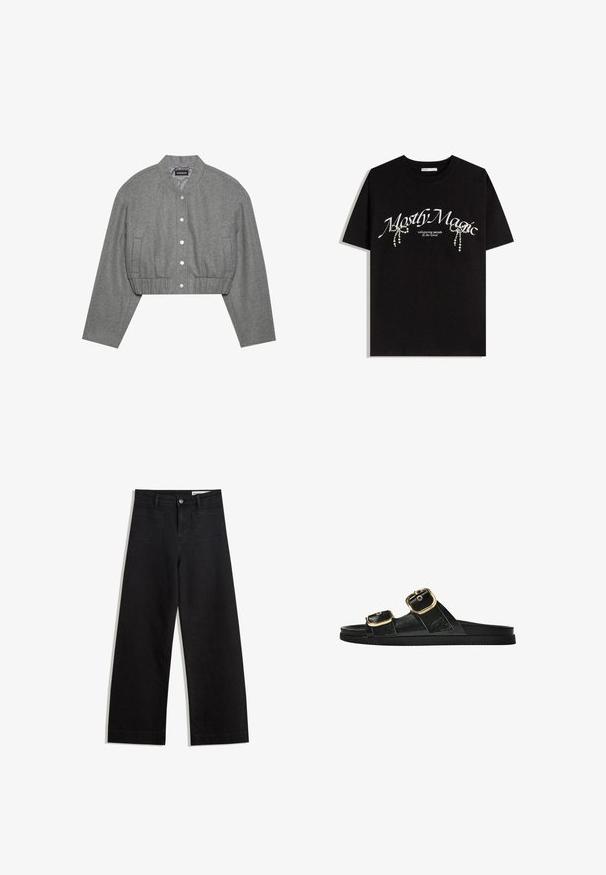 Giacca grigia tagliata con colletto rotondo, chiusura a bottoni a pressione sul davanti e vita elasticizzata. Presenta due tasche laterali e un tessuto testurizzato.; T-shirt nera in cotone con la scritta "Mostly Magic" in bianco, decorata con perle. Maniche corte, vestibilità rilassata, collo a giro.; Pantaloni in denim neri a gamba larga con vita alta, dotati di tasche anteriori e posteriori, cuciture a punto, e chiusura con bottone. Texture liscia.; Infradito neri con due accenti di fibbia dorata, materiale dalla texture liscia, suola piatta e design minimalista.