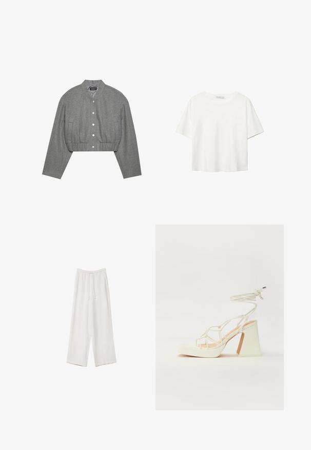 Giacca grigia tagliata con colletto rotondo, chiusura a bottoni a pressione sul davanti e vita elasticizzata. Presenta due tasche laterali e un tessuto testurizzato.; T-shirt bianco a maniche corte realizzato in cotone. Presenta un collo tondo e una vestibilità rilassata. Texture liscia senza motivi o dettagli visibili.; Pantaloni a gamba larga bianchi realizzati in un tessuto leggero. Presentano una vita elastica con cordoncino e tasche laterali. Texture liscia.; Sandalo bianco con tacco alto, caratterizzato da un design a cinturini e un legaccio alla caviglia. Texture liscia con una piattaforma frontale per un'altezza aggiuntiva.