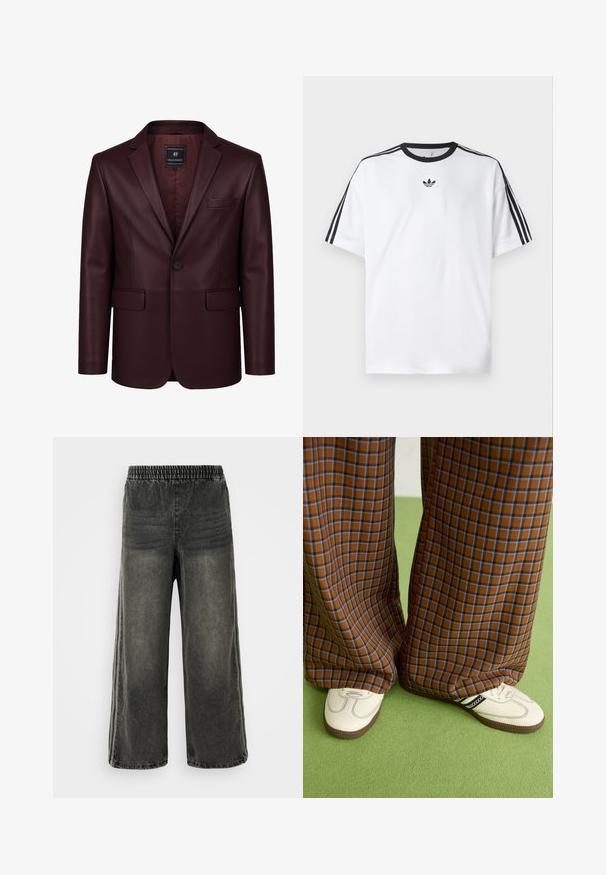 Blazer de cuero burdeos con textura suave, cierre de un botón, solapas con muesca y un bolsillo en el pecho y dos en la parte frontal. Interior forrado.; Camiseta blanca de algodón, con un cuello redondo negro y tres rayas negras en cada hombro. Pequeño logo negro en el pecho.; Pantalones de mezclilla negro lavado con cinturilla elástica y piernas anchas, con sutiles detalles de costura vertical en los lados.; Pantalones de pata de elefante de cuadros marrones y azules combinados con zapatos blancos con detalles en negro y suelas texturizadas, sobre un fondo verde.