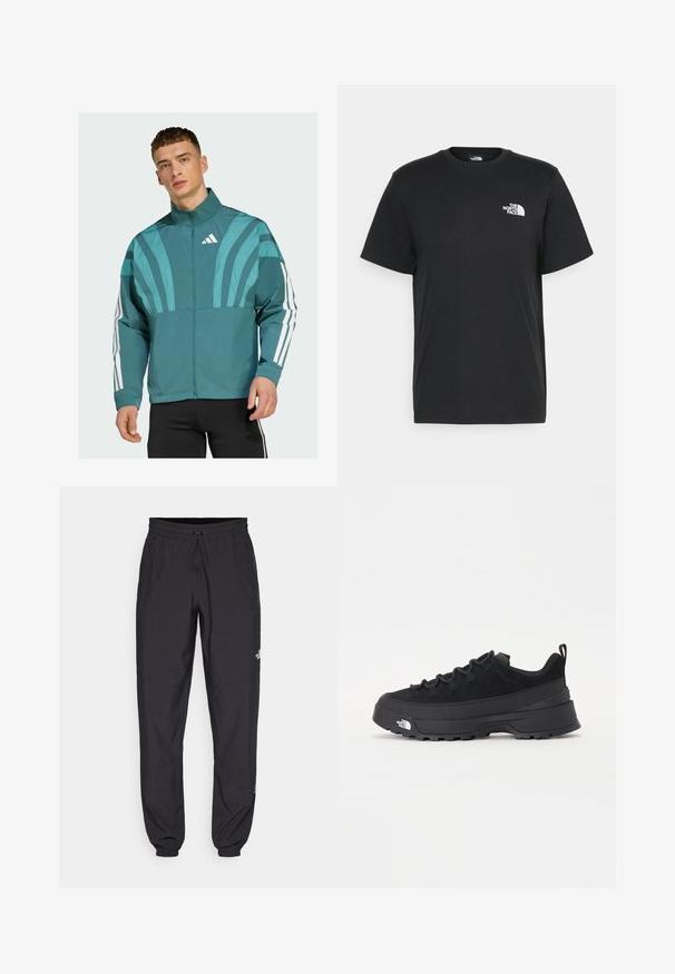 Teal jacket with a zip front, high collar, and white accent stripes on sleeves. Features graphic design elements on the chest.; Black cotton t-shirt with short sleeves, crew neck, and a small white logo on the left chest. Simple design, smooth texture, and relaxed fit.; Black athletic pants made from lightweight fabric, featuring a drawstring waistband, side pockets, and tapered cuffs at the ankles.; Black outdoor sneaker with a suede upper, textured rubber sole, and sturdy lacing system. Features a reinforced heel and brand logo on the side.