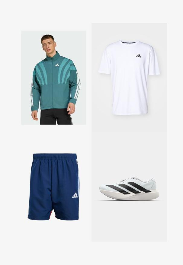Teal jacket with a zip front, high collar, and white accent stripes on sleeves. Features graphic design elements on the chest.; White short-sleeve t-shirt made of fabric with a smooth texture. Features a black adidas logo on the left chest and a patterned collar.; Navy blue athletic shorts with an elastic waistband, side white stripes, and a small white logo on the lower left leg. Lightweight material.; Lightweight running shoes in pale blue with black stripes. Features a smooth upper, round toe, and thick white midsole labeled "LIGHTSTRIKE PRO."