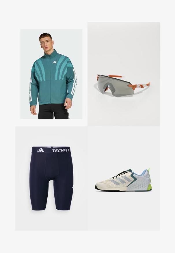 Tealfärgad jacka med dragkedja framtill, hög krage och vita accentstrimmor på ärmarna. Har grafiska designelement på bröstet.; Vit kortärmad t-shirt gjord av lätt tyg med rund halsringning och en mörkgrå logotyp på bröstet. Slät textur, avslappnad passform.; Marinblå TECHFIT träningsoverallshorts med en åtsittande design, elastisk midja med vit logotyp, och slät, stretchig tyg.; Lätta sportskor med en krämfärgad mesh-övre, grå ränder, en grön accent och en texturerad blå häldel. Svarta snörningar.; Sportiga solglasögon med gråa linser, orange detaljer och mönstrade vita bågar. Designade för prestanda med en omslutande form.