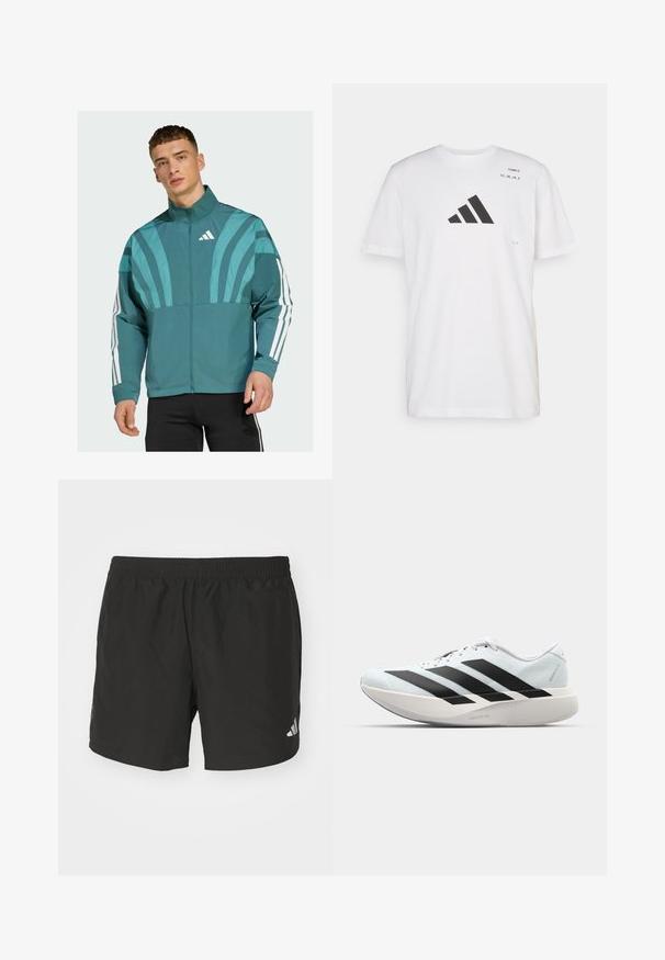 Teal jack met een rits aan de voorkant, hoge kraag en witte accentstrepen op de mouwen. Bevat grafische ontwerpelementen op de borst.; Witte katoenen t-shirt met een groot zwart Adidas-logo, ronde hals, korte mouwen en bedrukte tekst nabij de schouder.; Zwarte sportieve shorts met een elastische tailleband, zijsplits en reflecterende logo-accenten. Gemaakt van lichte, gladde stof.; Lichte hardloopschoenen in lichtblauw met zwarte strepen. Beschikt over een soepele bovenkant, ronde neusstuk en dikke witte tussenzool met het label "LIGHTSTRIKE PRO."