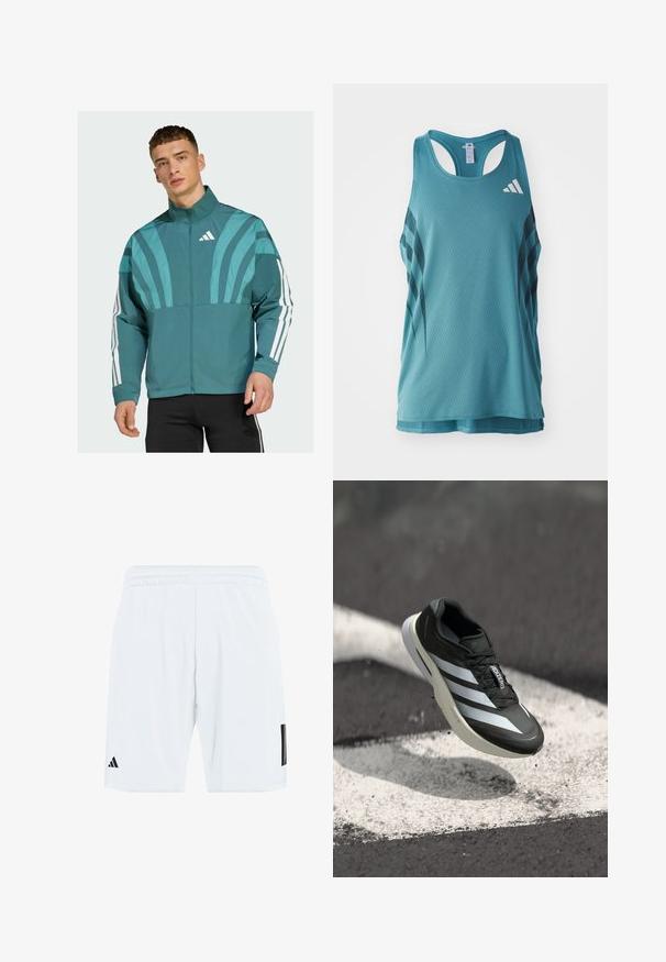 Teal jacket with a zip front, high collar, and white accent stripes on sleeves. Features graphic design elements on the chest.; Light teal athletic tank top with a textured mesh pattern, featuring black diagonal stripes and a white logo on the upper left.; White athletic shorts with an elastic waistband, featuring three black stripes on the sides and a black logo on the lower left leg.; Black athletic shoe featuring three white stripes, textured upper, sleek design, and a curved sole, positioned above a white line on asphalt.