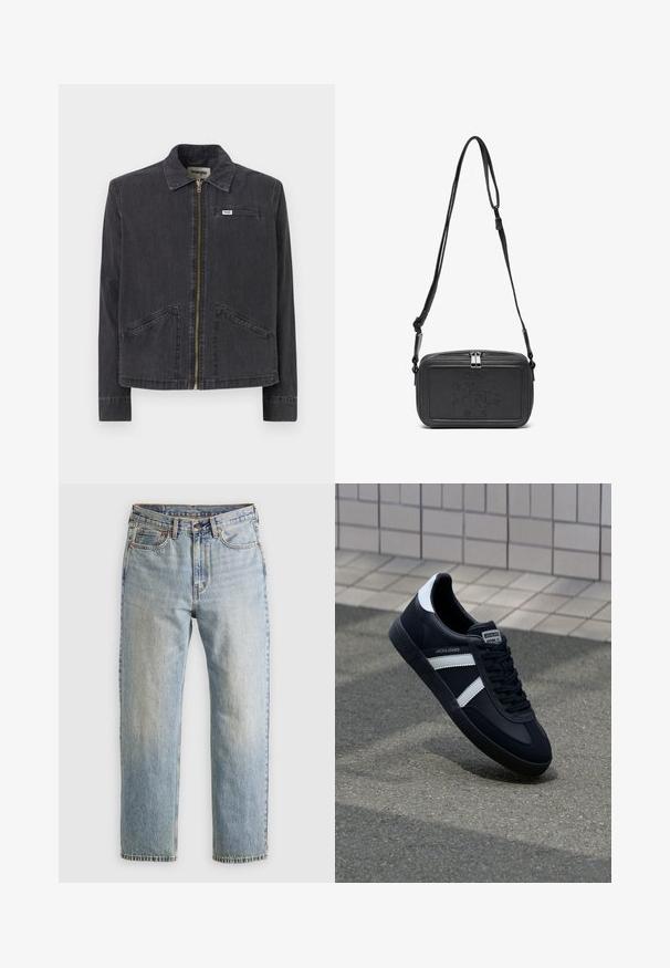 Svart denimjakke med krage, frontglidelås, to store sidelommer og et lite logomerke på venstre bryst.; To sweatshirts med rund hals vises: en olivengrønn og en svart. Begge har tonale logo-broderier på brystet og ribbet mansjetter.; Lys blå denim jeans med høy midje, frontknapp, glidelås og fem-lommers design, lagt flatt på en nøytral bakgrunn.; Sorte lærersneaker med hvite striper, teksturert gummihæl og snøring foran. Har et merketikett på tungen.; Svart skinn crossover-veske med glidelås, preget logo på fronten og justerbar stropp. Glatt tekstur med rektangulær form.