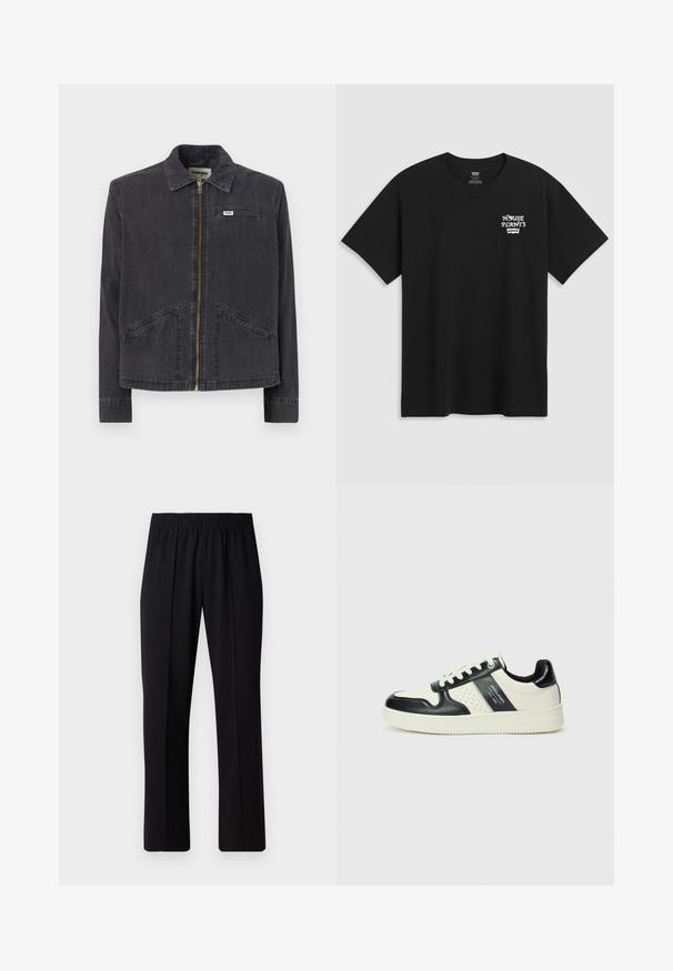 Mustast denimist jakist, millel on kraega kaelus, ees lukk, kaks suurt küljetaskut ja väike logo silt vasakul rinnal.; Must musta t-särk, millel on rinnakrüpt, mis ütleb "KESKKOND" valgel stiliseeritud fontidega ja "Levi's" all. Klassikaline ümar kaelus.; Mustad, elastse puusärgid sirge säärega, mis on sileda tekstuuriga ja ilma nähtavate mustrite või riistadega.; Nahatud nahkkingad musta ja kreemi värviskeemiga, millel on perforeeritud aktsendid, pehme krae ja tekstureeritud tallad.