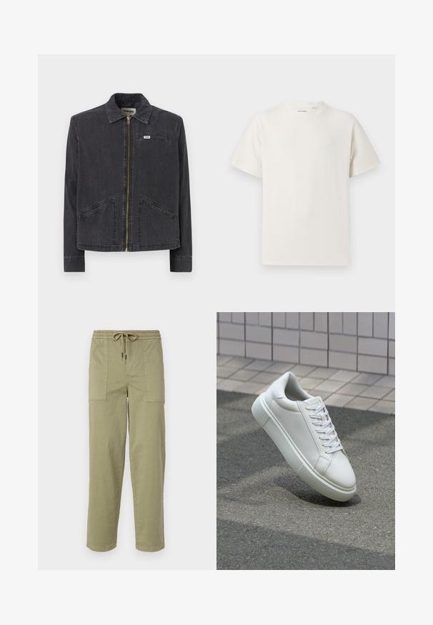 Black denim jacket with a collared neck, front zipper, two large side pockets, and a small logo label on the left chest.; White short-sleeve T-shirt in a ribbed texture. Round neckline, relaxed fit, no visible patterns or accents. Simple and versatile design.; Light olive green pants made of cotton blend fabric, featuring an elastic waistband with drawstring, and two large side pockets.; White leather sneaker with a smooth surface, round toe, and flat white laces. Features a textured rubber sole and minimal design elements.