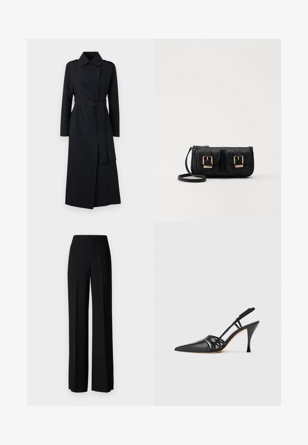 Divkāršas melnas lietusmētelis, kas izgatavots no gludas auduma, ar jostu vidukļa daļā, garām piedurknēm un klasiskā apkakles dizainu.; Tumši zilas krāsas džemperis ar apaļu kakla izgriezumu, garām raglanu piedurknēm, ribotām aprocēm un taisnu apakšu. Izgatavots no mīksta, teksturēta adījuma materiāla.; Melni platleği bikses ar gludu tekstūru, ar augstu jostasvietu un centrālajām krokām. Nav redzamu rakstu vai aparatūras detaļu.; Melna ādas augstpapēžu sandalē ar norādītu pirkstu, krustenisku siksnu dizainu un tievu stiletto papēdi. Gluda tekstūra un minimāli akcenti.; Melnas ādas crossbody soma ar divām priekšējām kabatām, zelta sprādzēm, ar rāvējslēdzēju aizdari un šauru siksnu. Strukturēta virsma un kompakta taisnstūra forma.