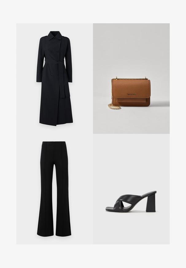 Cappotto trench nero doppiopetto realizzato in tessuto liscio, con vita cinturata, maniche lunghe e un design del colletto classico.; Maglione chiaro in crema realizzato in morbido tessuto a maglia. Presenta un collo rotondo, maniche lunghe e polsini e orlo a coste, con un design delle maniche raglan.; Pantaloni neri a zampa d'elefante con vita alta, realizzati in tessuto elastico. Presentano dettagli di cucitura verticale nella parte anteriore e una texture liscia.; MAX&Co. SOHO - Sandali con tacco - schwarz; Borsa a tracolla in pelle marrone con texture, dotata di catena dorata e chiusura a pattina. Sul davanti presenta un dettaglio con logo e una tasca sotto la pattina.