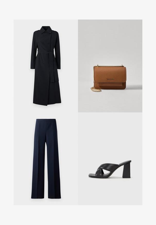 Dobbeltspent svart trenchcoat laget av glatt stoff, med belte i midjen, lange ermer og en klassisk kragedesign.; Svart høyhalset genser laget av mykt stoff. Den har lange ermer, høy hals og ribbestrikkede mansjetter og nederkant for en tettsittende look.; Bredde ben bukser i mørk marineblått stoff, med en glattere tekstur, subtile frontbretter og en tettsittende livlinje for en strømlinjeformet silhuett.; MAX&Co. SOHO - Sandaler med høye hæler - schwarz; Brun teksturert lær crossover-veske med gullkjede-stropp og klaffelukking. Fronten har logo-detalj og en lomme under klaffen.