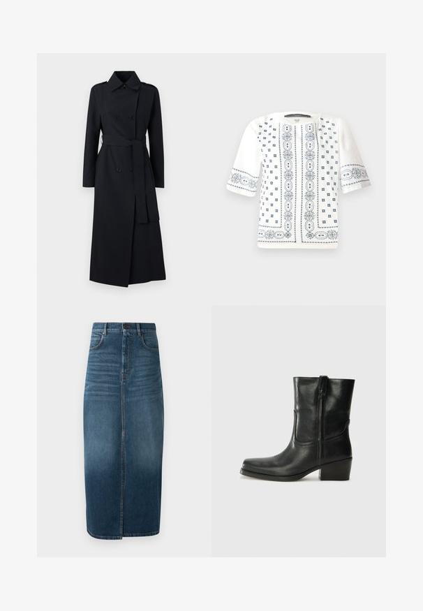 Dvojradový čierny trenčkot vyrobený z hladkej tkaniny, s opaskom v oblasti pása, dlhými rukávmi a klasickým golierom.; Biely krátky rukáv blúzka so modrou kvetinovou výšivkou, okrúhlym výstrihom a zložitými vzormi na prednej časti a rukávoch.; Denim midi sukňa v tmavom indigu, s predným rozparkom a jemným vyblednutím. Klasický dizajn s piatimi vreckami a kovovým gombíkom na zapínanie.; Čierne kožené členkové topánky s okrúhlou špičkou, blokovým podpätkom, bočným zipsom a prešívaním na priehlavku. Hladká textúra, klasický dizajn.