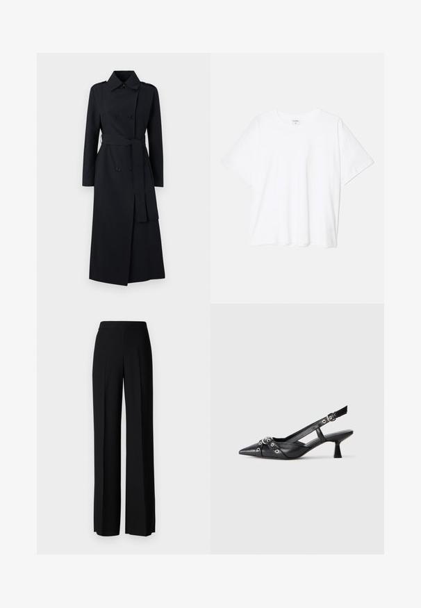 Must metallist mustraga mustraga mantel, mille lamedy, koos vöödiga taljesse, pikad varrukad ja klassikaline krae.; Valge puuvillane T-särk lühikeste varrukatega, ümmargune kaelus, mugav lõige ja õmmeldud serv. Silt nähtav kaela seest.; Mustad laiad püksid mustas värvitoonis, sujuva tekstuuri ja kõrge vöökoha ning keskmiste voldikutega. Ilma nähtavate mustrite või tarvikute detailideta.; Must must have must toote tõmblukuga, dekoratiivsed rihmad metallist silmadega ja madal blokk-kand. Tekstureeritud pind.
