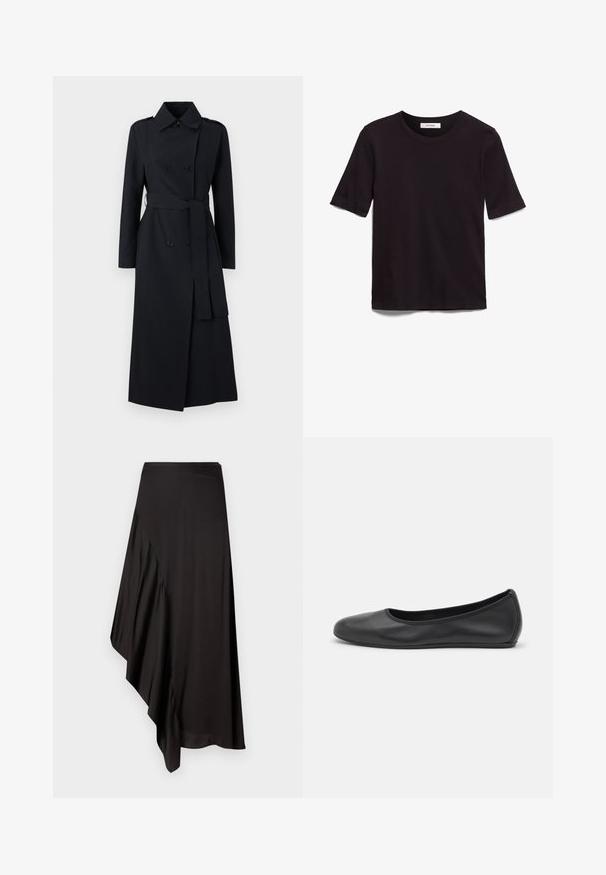 Dvojřadý černý trenčkot vyrobený z hladké tkaniny, s páskem v pase, dlouhými rukávy a klasickým límcem.; Černé tričko s krátkým rukávem vyrobené z měkké bavlny, s kulatým výstřihem a hladkým, rovnoměrným povrchem s minimalistickým designem.; Bílé dlouhé rukávy košile s špičatým límcem, předním zapínáním na knoflíky a přiléhavým střihem. Hladká bavlněná tkanina s jemnými detaily šití.; AERON ASTER SKIRT - Pouzdrová sukně - black; Černé kožené baletní byty s kulatou špičkou, hladkou texturou, minimálními švy a flexibilním designem podrážky.