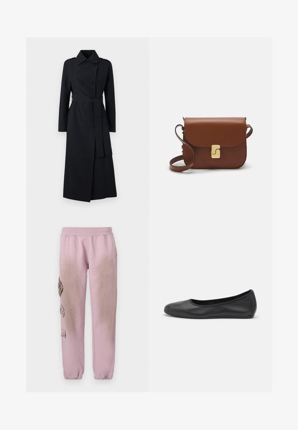 Dvojřadý černý trenčkot vyrobený z hladké tkaniny, s páskem v pase, dlouhými rukávy a klasickým límcem.; Bílá tričko s krátkým rukávem vyrobené z žebrované tkaniny. Kulatý výstřih, normální střih a jemné detaily šití. Bez vzorů nebo grafik.; Růžové tepláky s elastickým pasem, které mají dekorativní nášivky ve tvaru diamantů na levé straně a elastické manžety u kotníků.; Černé kožené baletní byty s kulatou špičkou, hladkou texturou, minimálními švy a flexibilním designem podrážky.; Hnědá kožená kabelka s klopou, zlatými kovovými detaily, ramenním popruhem a hladkým povrchem. Kompaktní obdélníkový tvar.